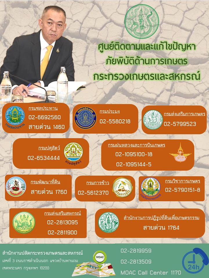 เบอร์โทรศัพท์ศูนย์ติดตามและแก้ไขปัญหาภัยพิบัติด้านการเกษตร
